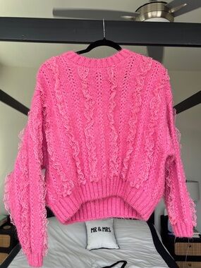 Zara Hot Pink Ruffle Cable Knit Crewneck Sweater